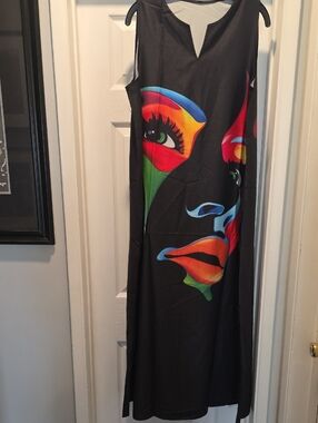Black Sleeveless Graphic Face Maxi Dress - Unknown Brand